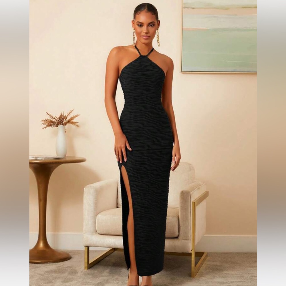 SHEIN Split Thigh Crisscross Backless Halter Neck Bodycon Dress in black size M